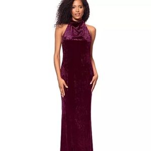 Betsy & Adam Velvet Halter Maxi Dress - Deep Burgundy